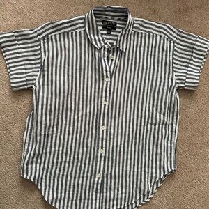 NWOT Women’s 100% Linen Blue & White Striped Short-Sleeve Button-Up Shirt